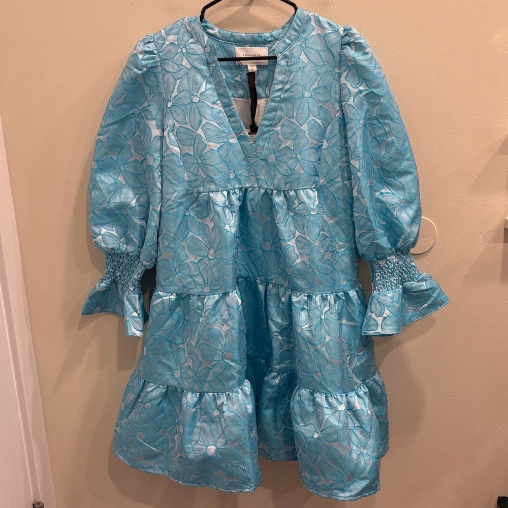 Pomander Place Blue Floral Jacquard Kenzo Tiered Mini Babydoll Dress Medium NEW - Picture 3 of 10